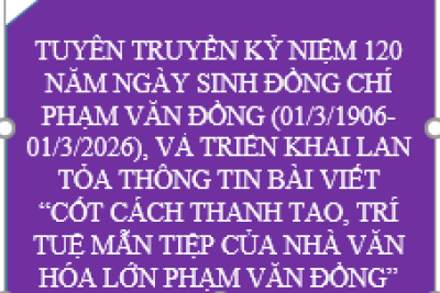 Tuyên truyền kỷ niệm 120 năm Ngày sinh đồng chí Phạm Văn Đồng (01/3/1906-01/3/2026), và triển khai lan tỏa thông tin bài viết “CỐT CÁCH THANH TAO, TRÍ TUỆ MẪN TIỆP CỦA NHÀ VĂN HÓA LỚN PHẠM VĂN ĐỒNG”