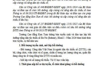 Thông báo tuyển sinh và đào tạo lớp bồi dưỡng tiếng dân tộc thiểu số Ba Na (Bahnar), Khoá I – Năm 2026 theo hình thức trực tuyến
